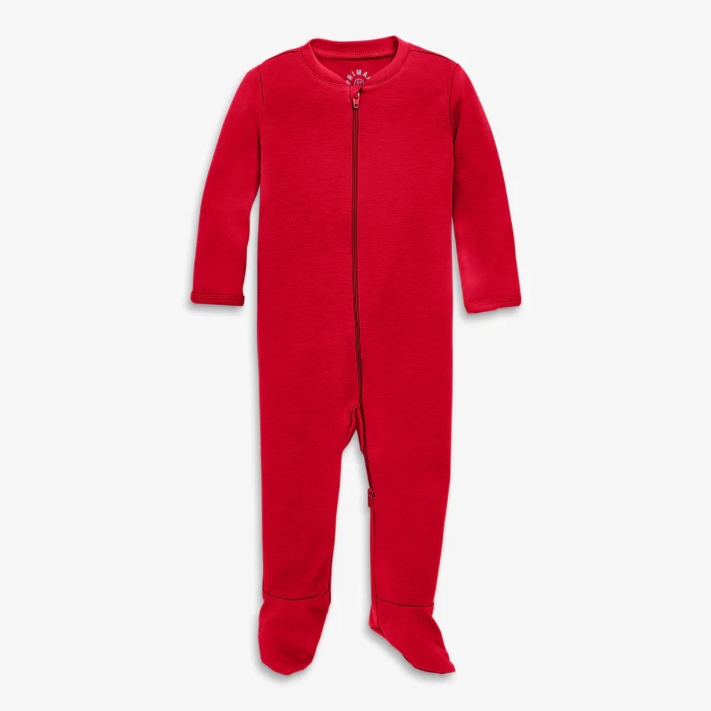 Primary zip footie in color cherry